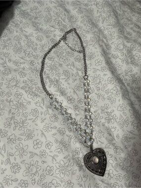 EARTHBOUND Silver Heart Necklace with White Beaded Strands